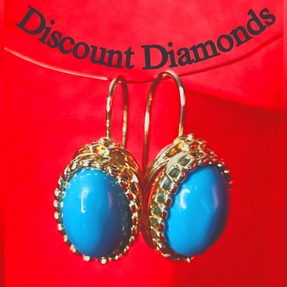 Oval Blue Turquoise Dangle Earrings 14K Gold on 925 Silver